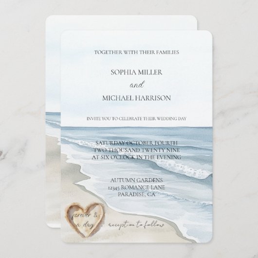 Beach Ocean Heart Sand Wedding 招待状 (正面/裏面)