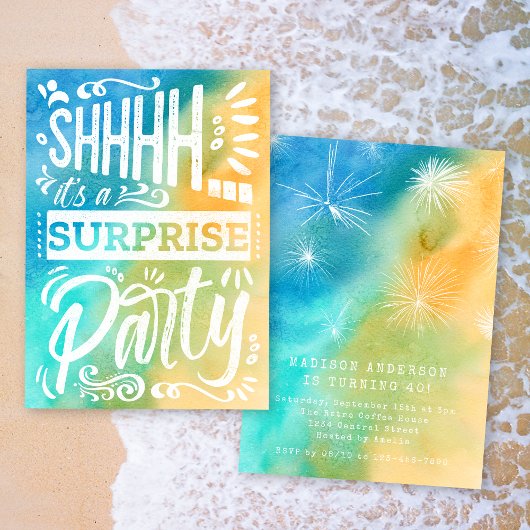 Beach Ocean Summer Shh Surprise Birthday Party 招待状