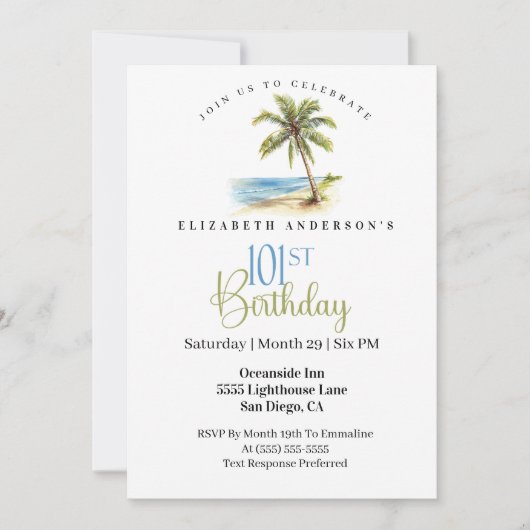 Beach Palm Tree 101st Birthday 招待状 (正面)