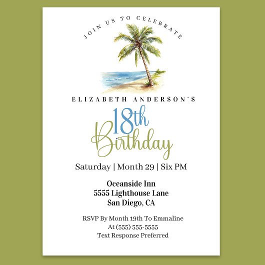 Beach Palm Tree 18th Birthday 招待状