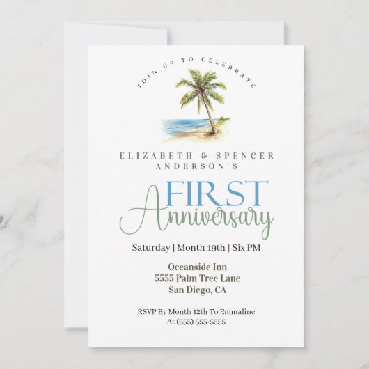 Beach Palm Tree 1st Wedding Anniversary 招待状 (正面)