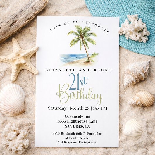 Beach Palm Tree 21st Birthday 招待状
