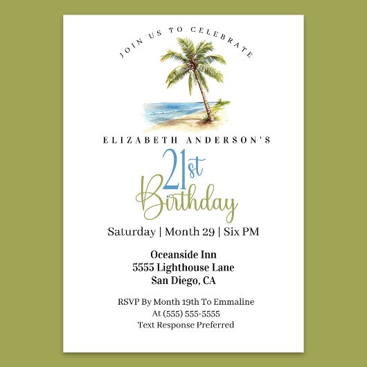 Beach Palm Tree 21st Birthday 招待状