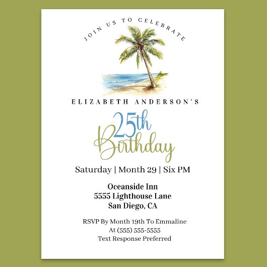 Beach Palm Tree 25th Birthday 招待状