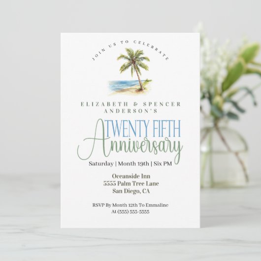 Beach Palm Tree 25th Wedding Anniversary 招待状 (スタンド正面)