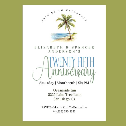 Beach Palm Tree 25th Wedding Anniversary 招待状