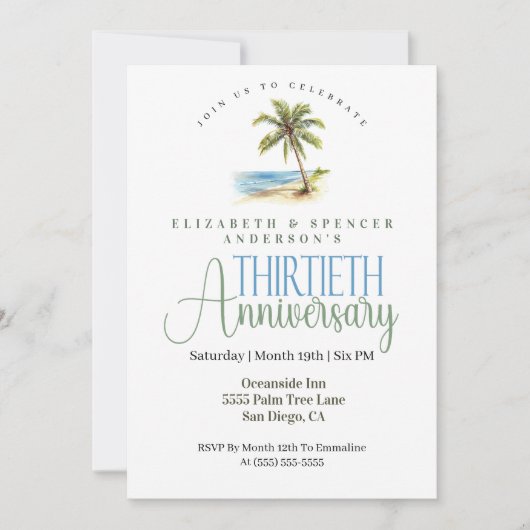 Beach Palm Tree 30th Wedding Anniversary 招待状 (正面)