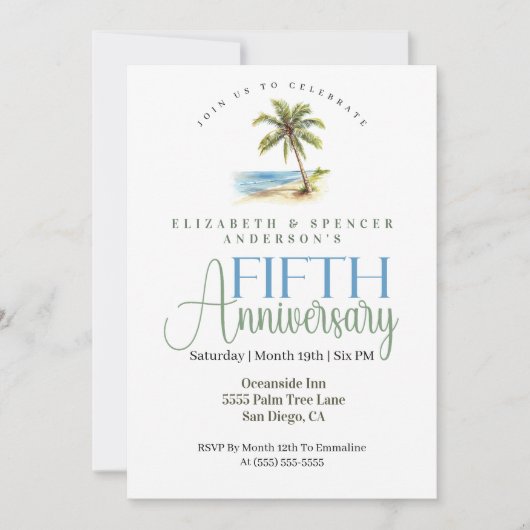 Beach Palm Tree 5th Wedding Anniversary 招待状 (正面)