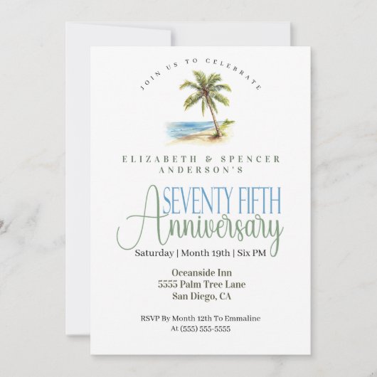 Beach Palm Tree 75th Wedding Anniversary 招待状 (正面)