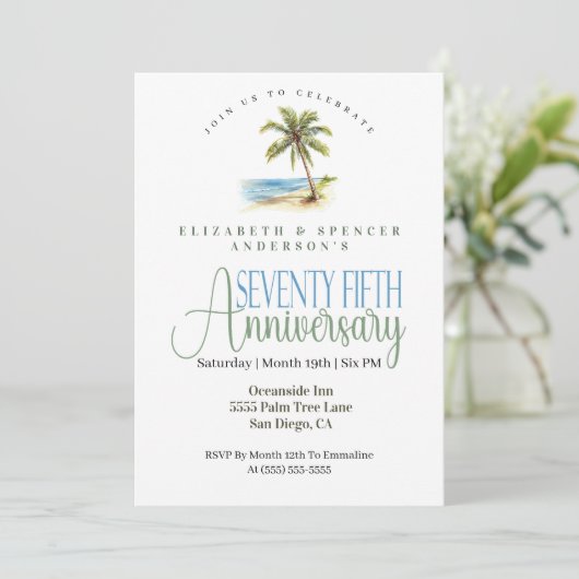 Beach Palm Tree 75th Wedding Anniversary 招待状 (スタンド正面)