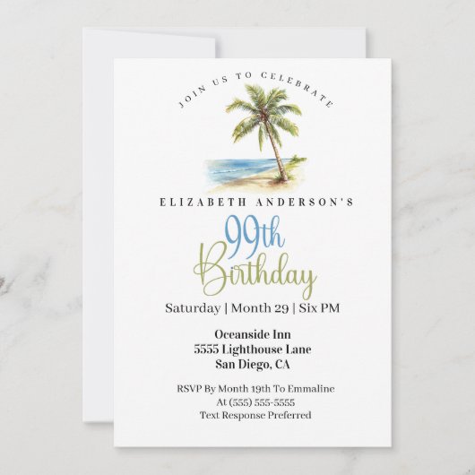 Beach Palm Tree 99th Birthday 招待状 (正面)