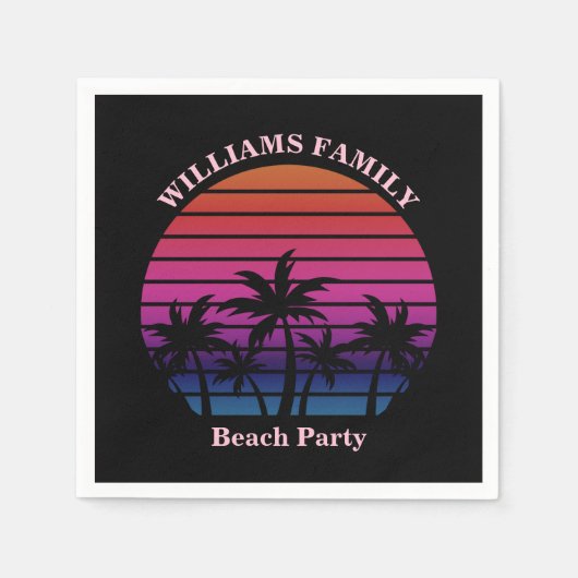 Beach Party Tropical Sunset Palm Trees Black スタンダードカクテルナプキン (正面)