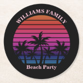 Beach Party Tropical Sunset Palm Trees Black ラウンドペーパーコースター (正面)