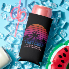 Beach Party Tropical Sunset Pink Black Palm Trees スリム缶クーラー