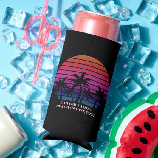 Beach Party Tropical Sunset Pink Black Palm Trees スリム缶クーラー (インサイチュ 夏)