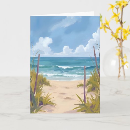 Beach Path | 海の水彩海岸画 カード (黄色い花)