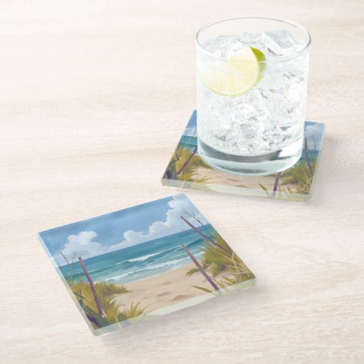 Beach Path | 海の水彩海岸画 ガラスコースター (アングル)
