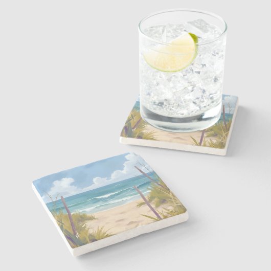 Beach Path | 海の水彩海岸画 ストーンコースター (横)
