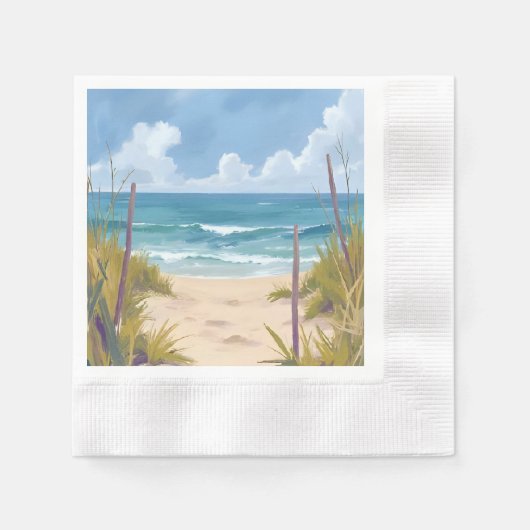 Beach Path | 海の水彩海岸画 縁ありカクテルナプキン (正面)