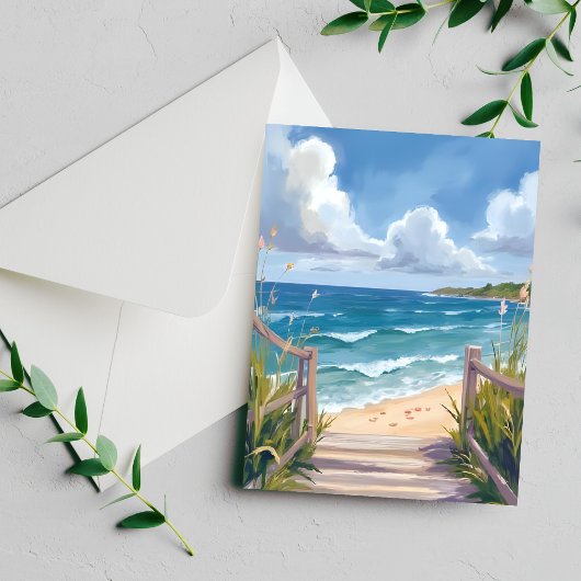 Beach Path Watercolor Coastal Ocean Painting Card