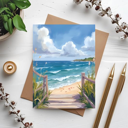 Beach Path Watercolor Coastal Ocean Painting Card
