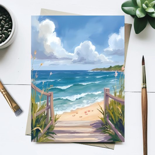 Beach Path Watercolor Coastal Ocean Painting Card