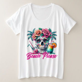 Beach Please Tropical Skull Plus Size T-Shirt プラスサイズTシャツ