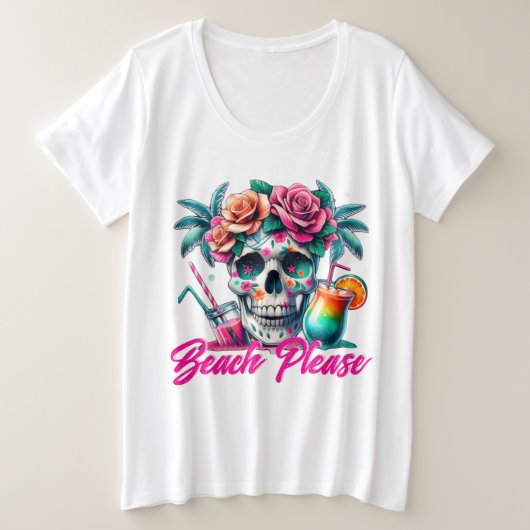 Beach Please Tropical Skull Plus Size T-Shirt プラスサイズTシャツ (デザイン正面)