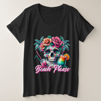Beach Please Tropical Skull Plus Size T-Shirt プラスサイズTシャツ