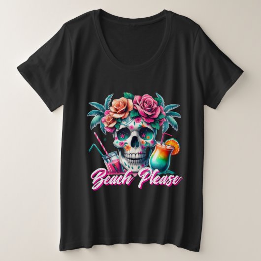 Beach Please Tropical Skull Plus Size T-Shirt プラスサイズTシャツ (デザイン正面)