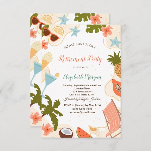 Beach Relax Pool Summer Retirement Party 招待状 (正面/裏面)