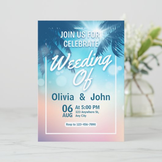 Beach Sand Hearts Elegant Tropical Modern Wedding 招待状 (スタンド正面)