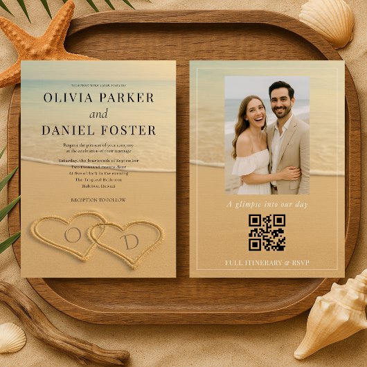 Beach Sand Hearts Tropical Photo QR Code Wedding  招待状