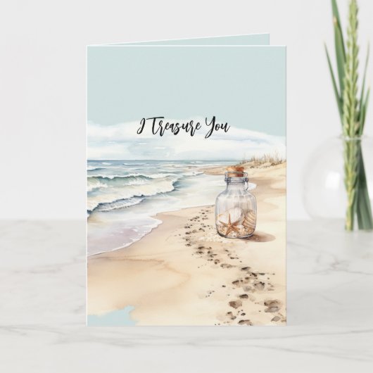 Beach Sand Starfish Bottle I Treasure You カード (正面)