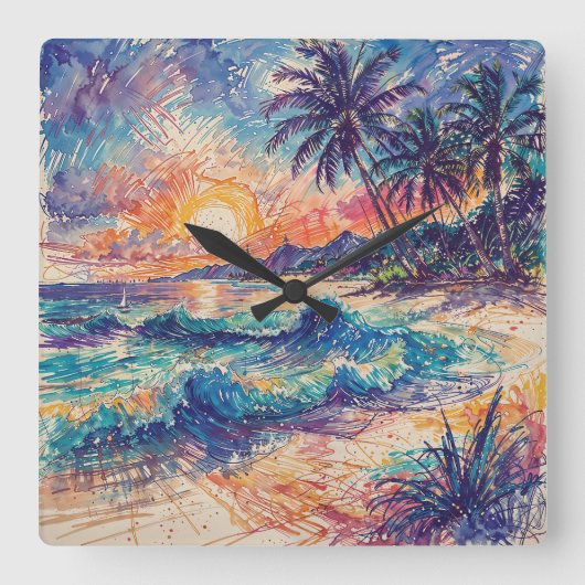 Beach Scribbles - Line Art Style Landscape スクエア壁時計 (正面)