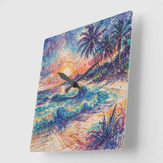 Beach Scribbles - Line Art Style Landscape スクエア壁時計 (傾斜)