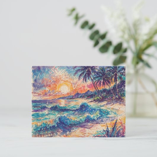 Beach Scribbles - Line Art Style Landscape ポストカード (スタンド正面)