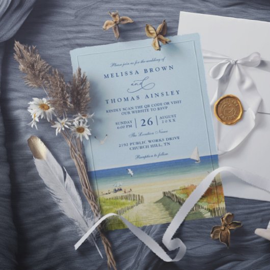 Beach Sea Tropical Sandy Elegant QR Code Wedding 招待状
