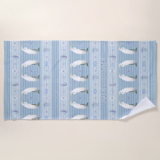 Beach Sea Turtle Seahorse Egret Blue Personalized ビーチタオル (正面)