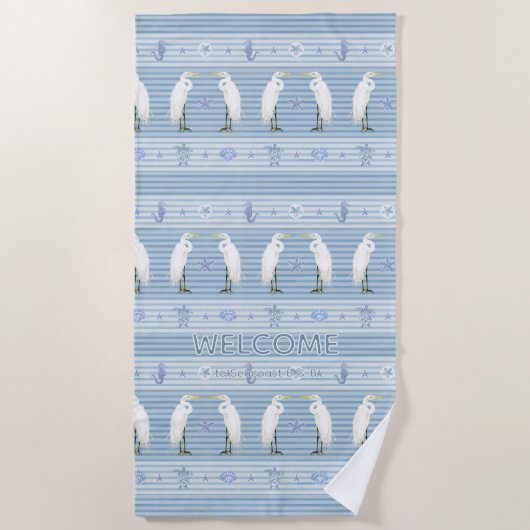Beach Sea Turtle Seahorse Egret Blue Personalized ビーチタオル (正面)