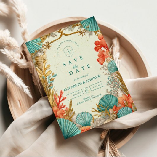 Beach Seashell Botanical Wedding セーブザデート