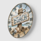 Beach Sign Coastal Beach House Nautical ラージ壁時計 (傾斜)
