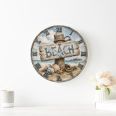 Beach Sign Coastal Beach House Nautical ラージ壁時計 (ホーム)