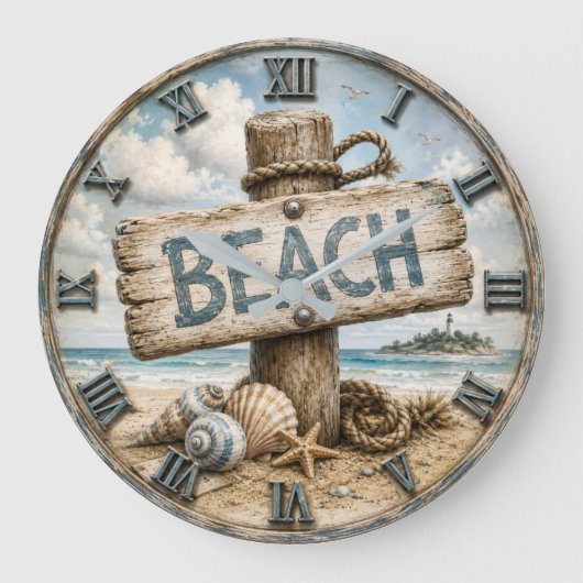 Beach Sign Coastal Beach House Nautical ラージ壁時計 (正面)