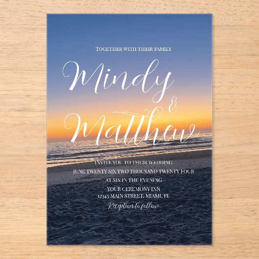 Beach Sunset Down Destination Blue Wedding アクリル招待状 (正面)