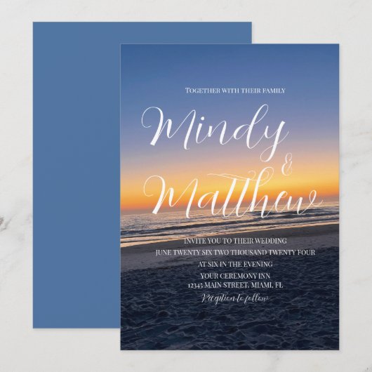 Beach Sunset Down Destination Blue Wedding 招待状 (正面/裏面)