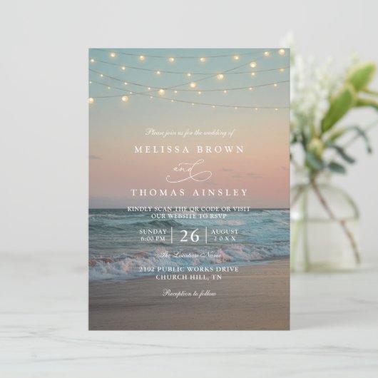 Beach Sunset Elegant Destination QR Code Wedding 招待状 (スタンド正面)