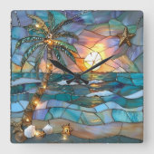 Beach Sunset Stained Glass Wall Clock スクエア壁時計 (正面)