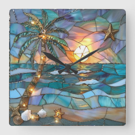 Beach Sunset Stained Glass Wall Clock スクエア壁時計
