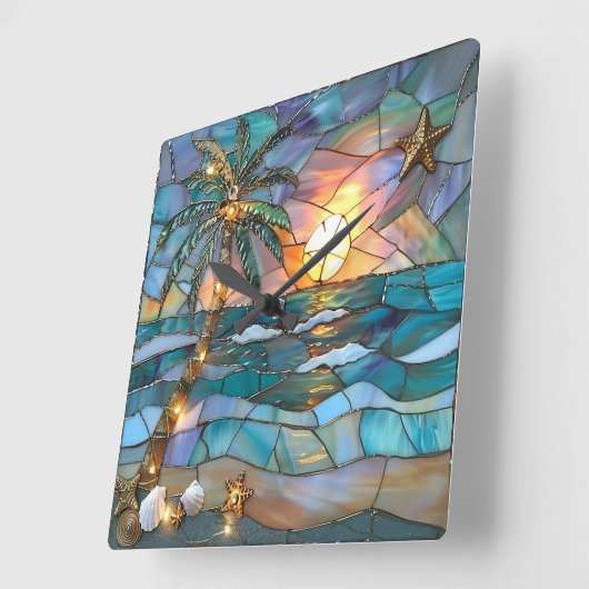 Beach Sunset Stained Glass Wall Clock スクエア壁時計 (傾斜)